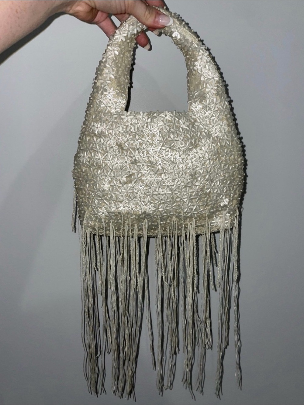 Beaded Fringe Handbag in Cream - Women Bags